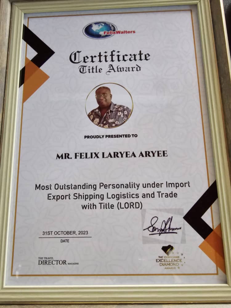 Felixwalters Agencies Ghana Limited Awards certification